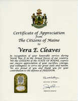 Vera Cleaves World War II Certificate of recognition of service, 2017