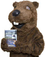 UMF Beaver mascot with library book, 2007